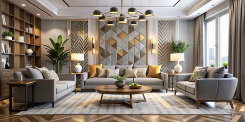 A modern living room with contemporary furniture, geometric patterns, and sleek lines transports you to a world of