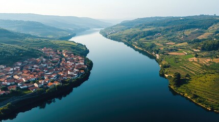 Bird's-eye view of the calm waters and quaint villages of the Minho region, with the River Minho flowing below
