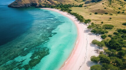Obraz premium Bird's-eye view of the emerald waters and white sandy shores of Pink Beach in Komodo Island