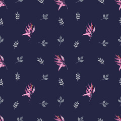 Floral seamless pattern with dried wild plants and leaves, watercolor illustration with design elements on dark blue background for wallpapers or textile. Delicate hand drawn print.
