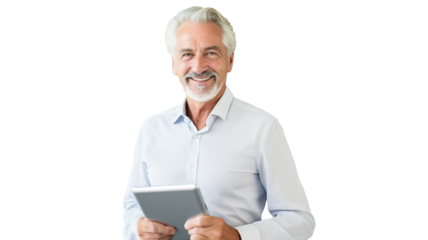 Smiling confident middle-aged businessman entrepreneur using tablet standing on transparent background PNG. 
