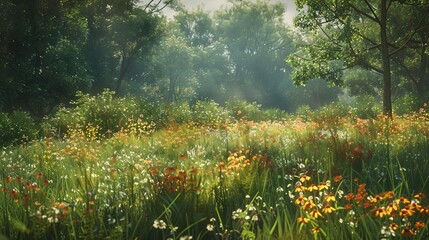 Obraz premium 07231249 383. Wide view of a summer meadow in full bloom, featuring an array of wild flowers and tall grasses, bordered by a dense forest and capturing the essence of a peaceful summer landscape