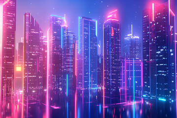 Neon mega city capital towers with futuristic technology background, future modern building virtual reality, night life style concept