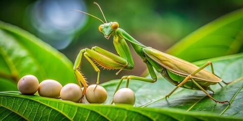 Naklejka premium A praying mantis lays eggs on green leaves, a bounty for insect food and wildlife pets, providing a