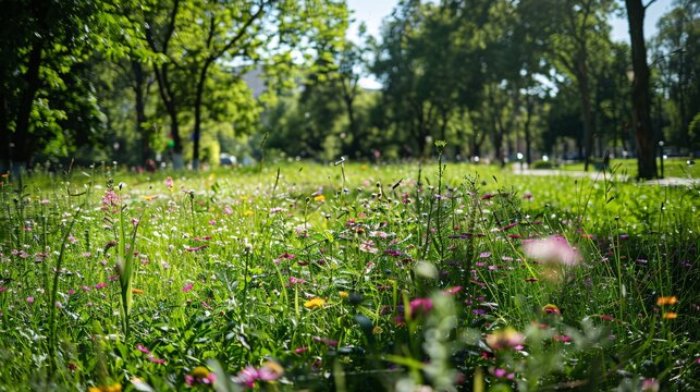 07231249 384. A picturesque summer park with a meadow of wild flowers in June, displaying the natural beauty of the cityâ€™s green spaces with trees and pathways in the background