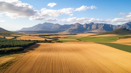 Bird's-eye view of the scenic landscapes of the Overberg, with wheat fields, rolling hills, and distant mountains