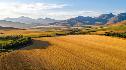 Bird's-eye view of the scenic landscapes of the Overberg, with wheat fields, rolling hills, and distant mountains