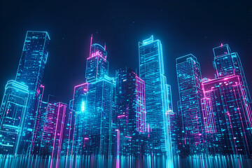 Fototapeta premium Neon mega city capital towers with futuristic technology background, future modern building virtual reality, night life style concept