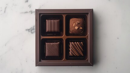 top view of an empty dark chocolate box with four squares filled with different types of chocolates...