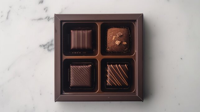 top view of an empty dark chocolate box with four squares filled with different types of chocolates on a white marble surface