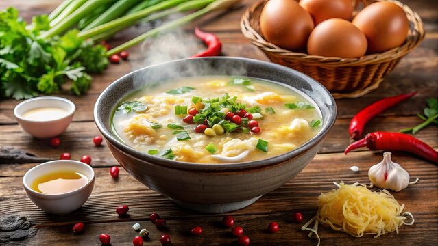 A savory steaming bowl of traditional Chinese egg flower soup, filled with soft egg whites, tender wontons, and