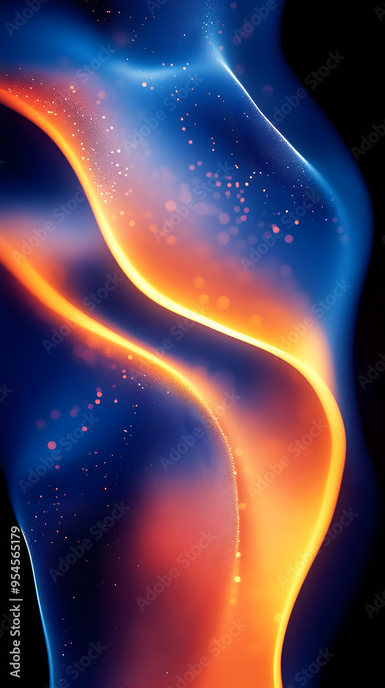 Canvas Prints Abstract blue and orange glowing light waves on a black background with bokeh effect.