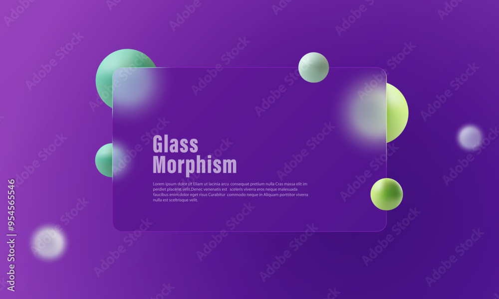 Poster dark gradient background with transparent partition and spheres in glass morphism style.