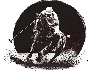 A dynamic vector illustration of a professional polo player in action, riding a horse and striking the ball, ideal for equestrian and sports-related designs.