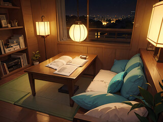 窓辺に本とランプのある寝室