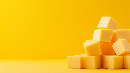 A yellow background with cubes of cheese in the foreground, close-up, with ample copy space