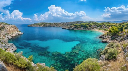 Fototapeta premium Panoramic shot of the blue lagoon of Vouliagmeni, with its crystal-clear waters and dramatic surrounding landscape