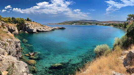 Panoramic shot of the blue lagoon of Vouliagmeni, with its crystal-clear waters and dramatic surrounding landscape