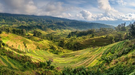 Fototapeta premium Panoramic shot of the cascading terraced fields and lush valleys of the Minangkabau Highlands in West Sumatra