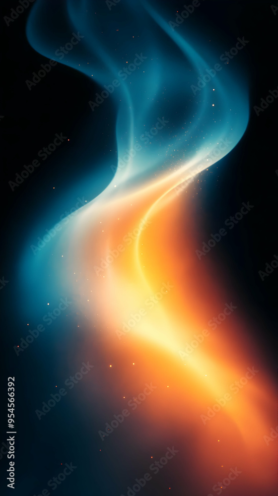 Wall mural Abstract blue and orange light streaks with glittering particles on a dark background.