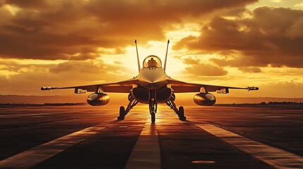 Fototapeta premium Dynamic Sunset Glow: Fighter Jet on Runway with Deep Shadows, Captured from a Dynamic Angle through Telephoto Lens