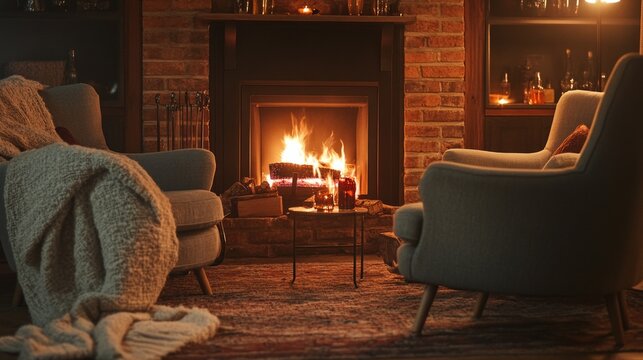 Cozy Fireside Gathering, an inviting scene with comfortable seating, warm throws, and a theme centered around togetherness and warmth for shared moments.