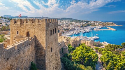 Naklejka premium Panoramic view of Rhodes Old Town, with medieval architecture, ancient walls, and the harbor in the background