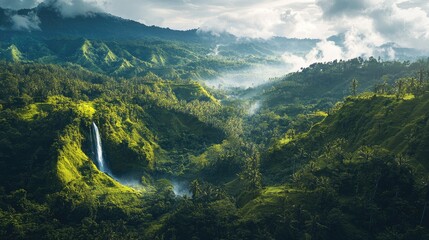 Panoramic view of the rolling hills and waterfalls in the lush landscapes of Bali's Munduk region