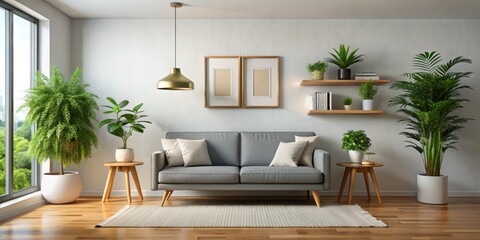 A simple yet elegant space showcases a minimalist sofa, surrounded by vibrant plants, and a framed diploma on