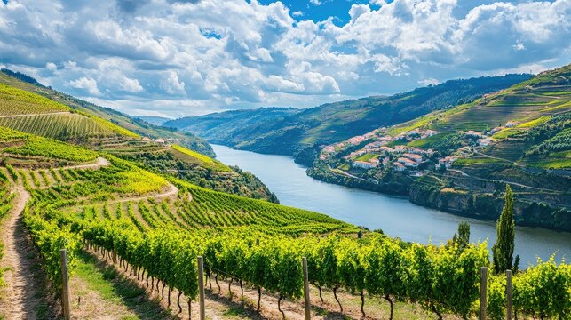 Panoramic view of the rolling vineyards and Douro River, with scenic hillsides covered in grapevines