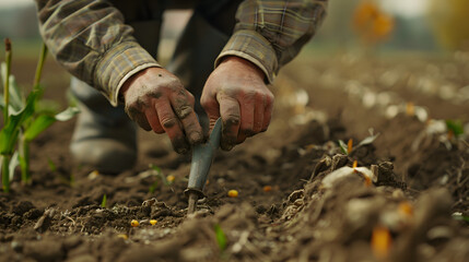 A farmer planting corn seeds with a manual seeder.
