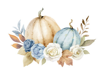 Watercolor vector floral pumpkins arrangement. Beige and blue leaves and flowers for harvest, greeting cards, thanksgiving invitation. Hand painted .illustration.