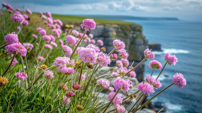 07231249 392. Close-up of vibrant pink thrift flowers against the backdrop of Kilkee Cliffs, showcasing the stunning, wild coastline of county Clare, Ireland, on a bright summer day