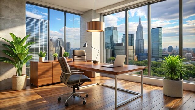 A sleek Austin, Texas office boasts a crisp modern aesthetic, complete with a stylish desk, ergonomic chair, and