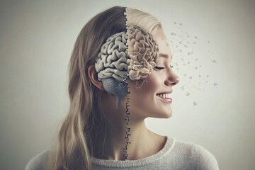 Brain performance Emotional bond A young woman with half of her brain exposed representing the transparency of thoughts the clarity of intellect and the balance of logic and emotion