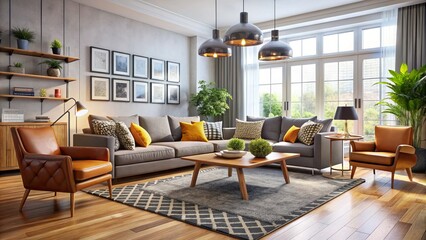 Fototapeta premium • A sleek living room design combines chic furniture, plush seating, and vibrant textiles to create a welcoming