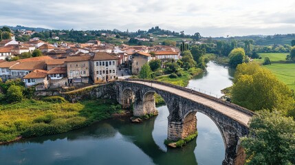 Obraz premium Top view of the ancient Roman bridge crossing the River in Chaves, with historic buildings and greenery
