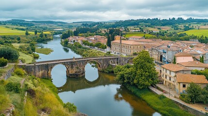 Obraz premium Top view of the ancient Roman bridge crossing the River in Chaves, with historic buildings and greenery
