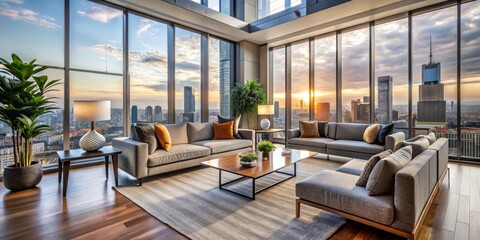 A sleek modern apartment featuring stylish furniture and decor, with large windows framing a stunning panoramic city