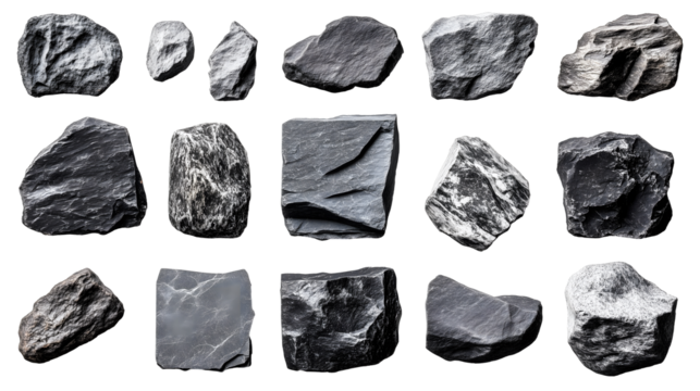 Set of Various Black and Gray Rocks with Transparent Background