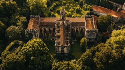 Naklejka premium Top view of the majestic Convent of Christ in Tomar, surrounded by lush greenery and medieval architecture