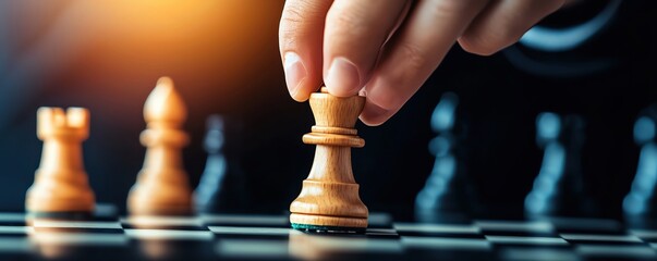 A close-up of a hand moving a chess piece during a strategic game, highlighting focus and concentration in a competitive environment.
