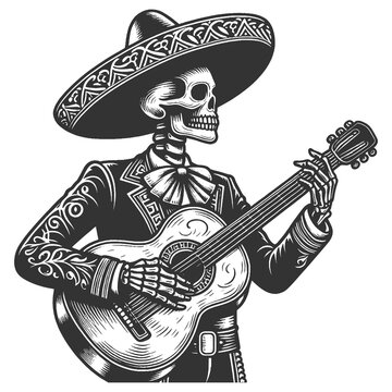 recommend clip art: skeleton Mexican mariachi, playing guitar, symbolizing Day of the Dead or Dia de los Muertos traditions sketch engraving generative ai raster illustration. Scratch board imitation. Black and white
