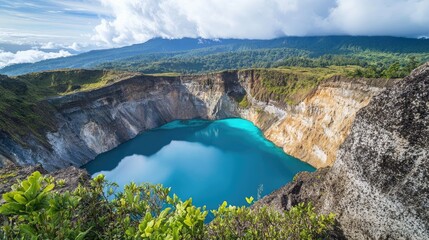 Top view of the rugged volcanic landscapes and colorful lakes of Mount Kelimutu in Flores