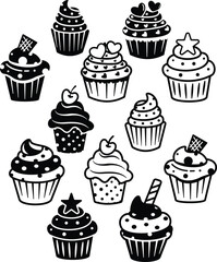 Cupcake Bundle Illustration, Cupcake Toppers Cut File, Sweets Stencil, Desserts Vector, Cupcake Designs Clipart