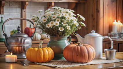  three burning candles teapot ripe garden pumpkin