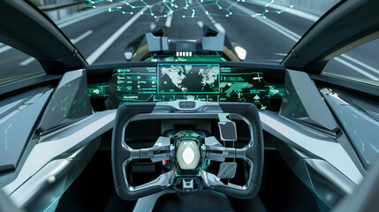 Close-up of a futuristic self-driving car&acirc;s dashboard, with holographic maps and autonomous controls.