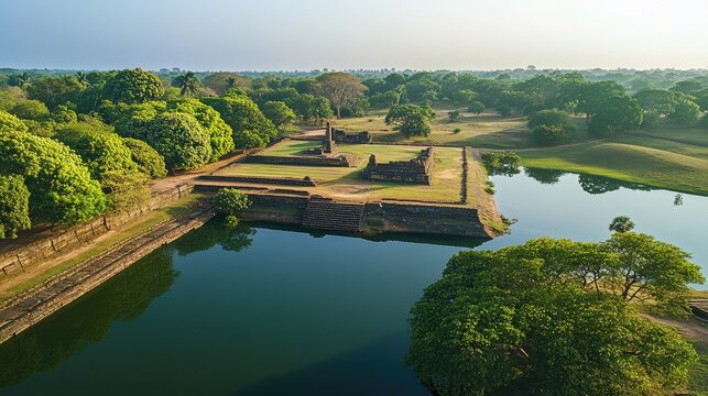 Top view of the serene lake and gardens of Parakrama Samudra in Polonnaruwa, with ancient ruins nearby
