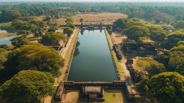 Top view of the serene lake and gardens of Parakrama Samudra in Polonnaruwa, with ancient ruins nearby