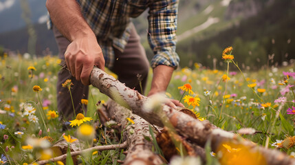 A man chopping wood in a meadow wildflowers in bloom all around.